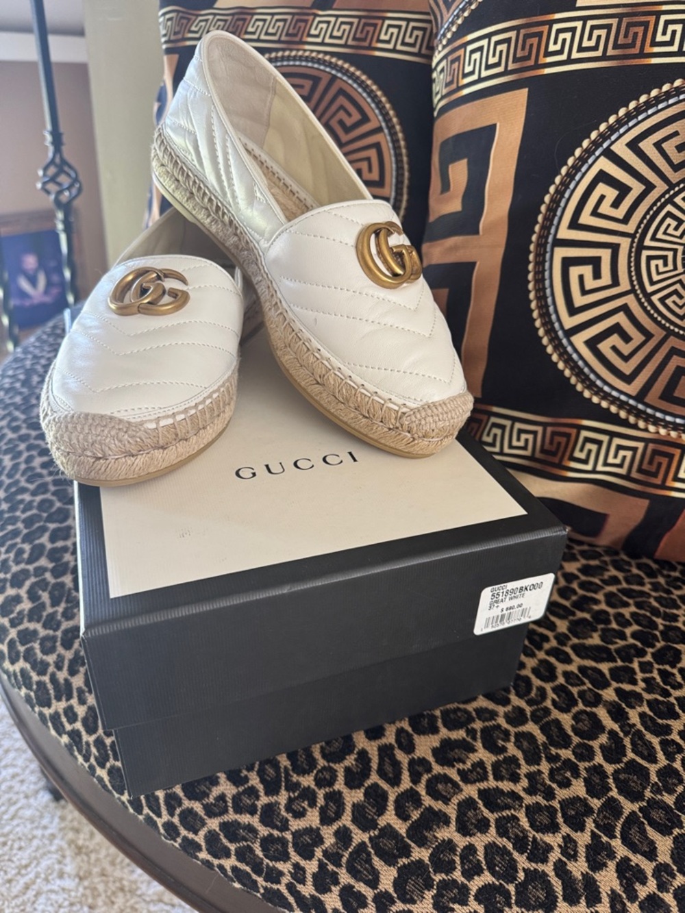 NWB - Gucci White Quilted Leather Espadrilles with Gold GG Accent
